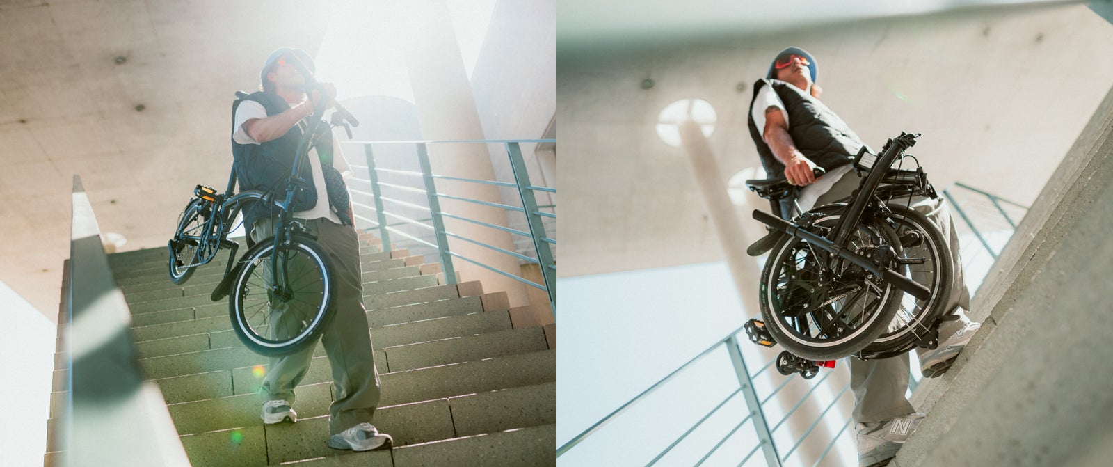 A dual-image edit of a man carrying a P Line downstairs, and it folded back up the stairs