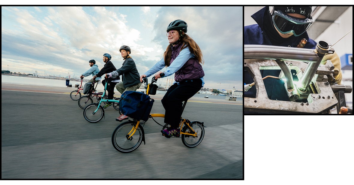 Two images of people riding Brompton bikes and a person welding a Brompton bike frame