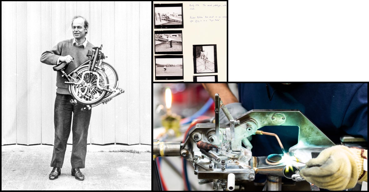 Two images of Brompton founder holding a folded bike and close up of welding