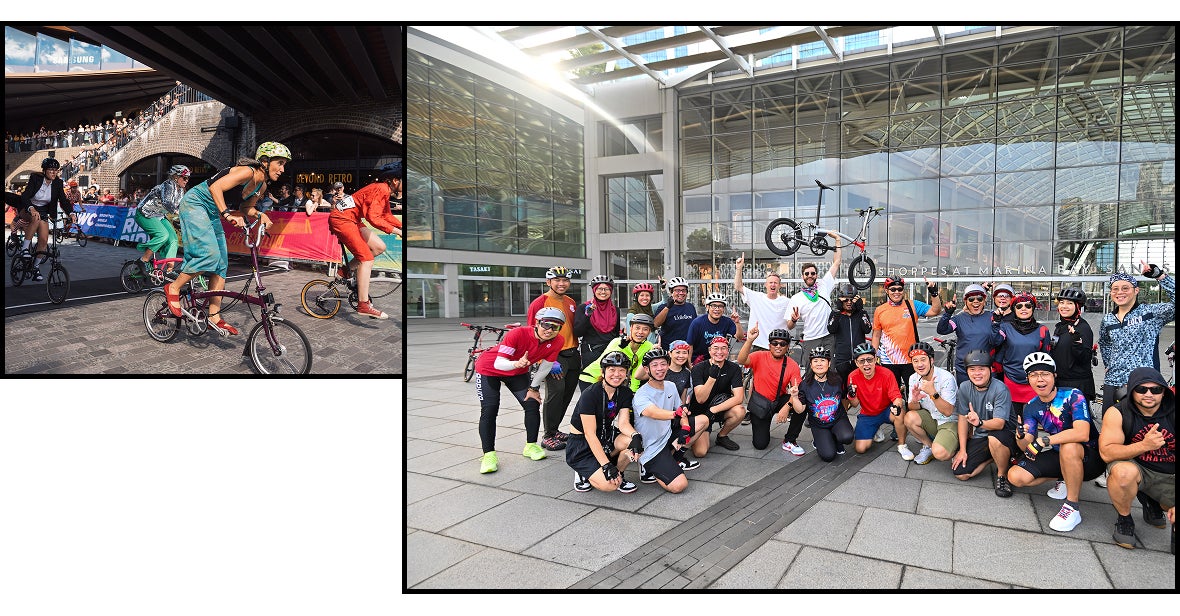 Two images showing a person riding a Brompton and a group of people