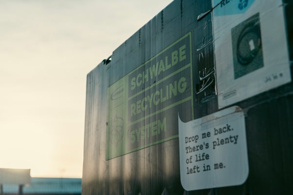 The Schwalbe recycling system bin. Brompton Bicycle carefully extracts and separates our inner tubes and tyres, then sets them aside for future use in new Schwalbe products