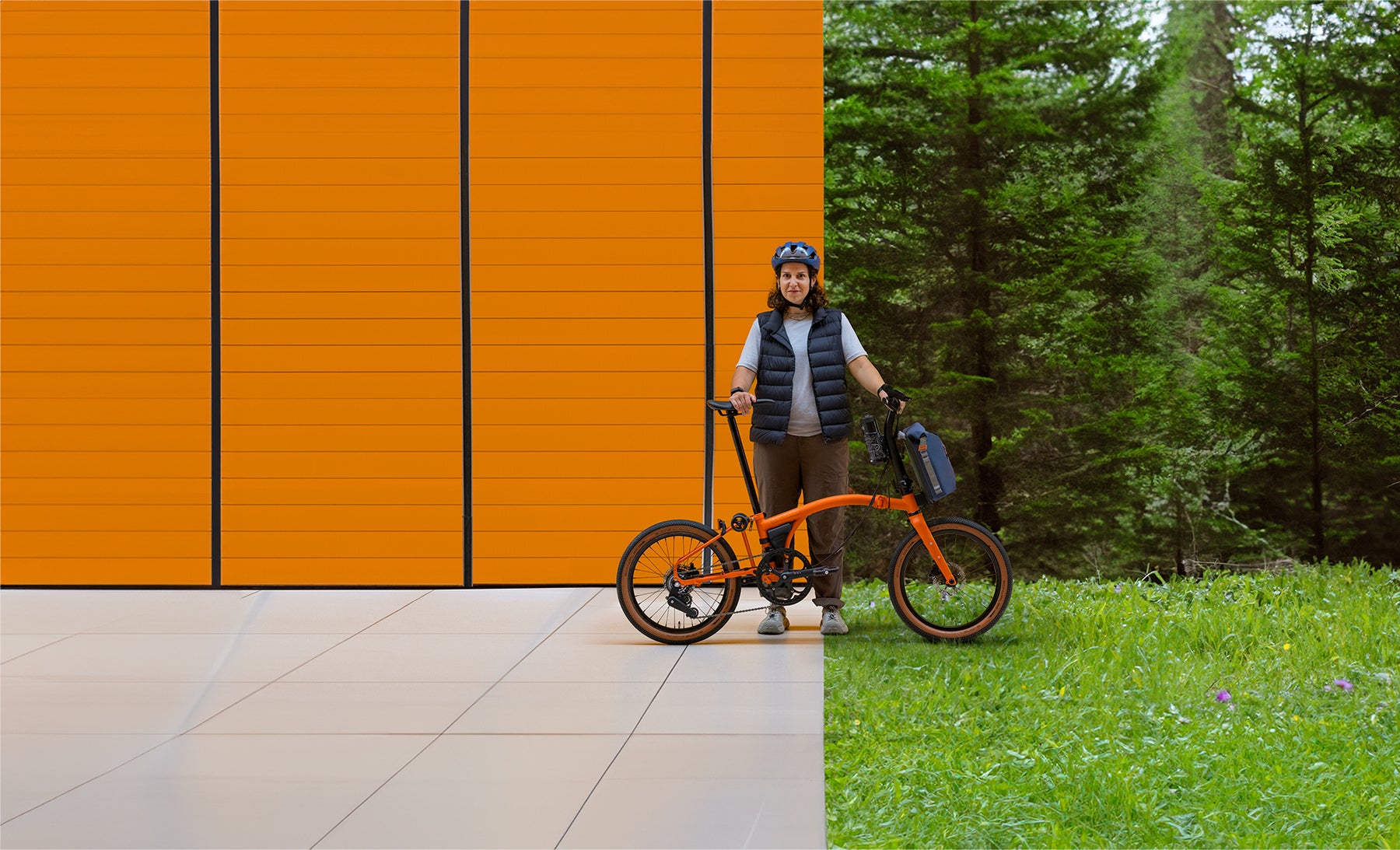 Person with G Line bike with split image background