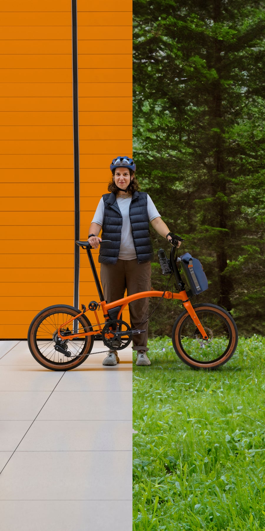 Person with G Line bike with split image background