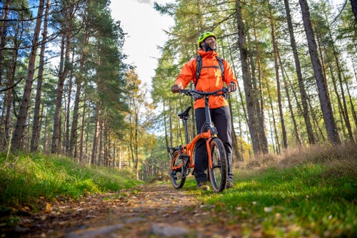 Personne dans les bois avec le vélo Brompton G Line