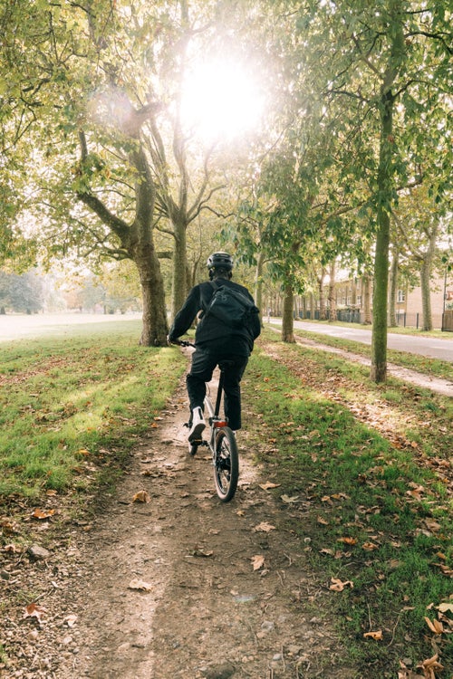 duke riding a brompton g ine bike through London